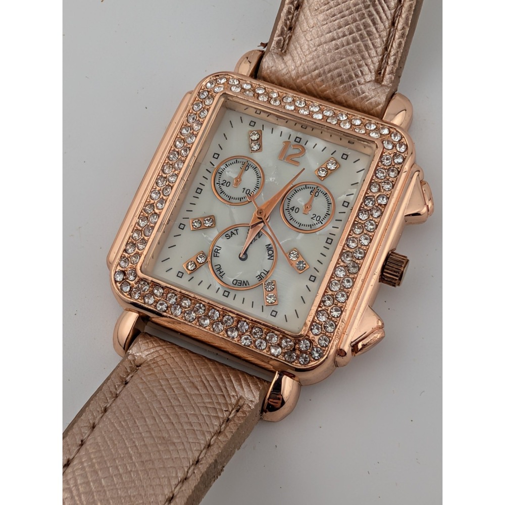 Women's Quartz Watch 33mm Rose Gold Case Rhinestones Faux Leather Band-‎ Working